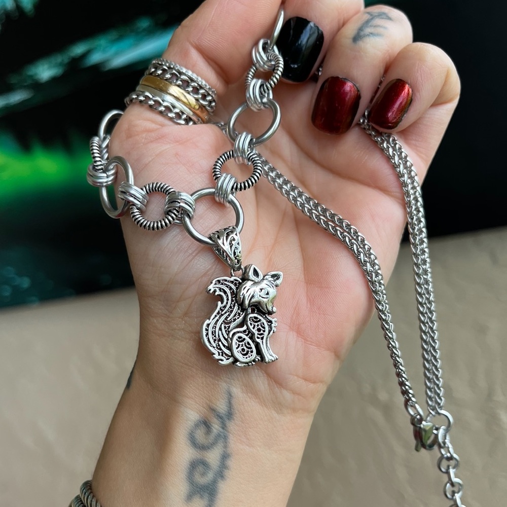 Handmade maille stainless steel necklace double wheat chain + fox design charm - Picture 2 of 15